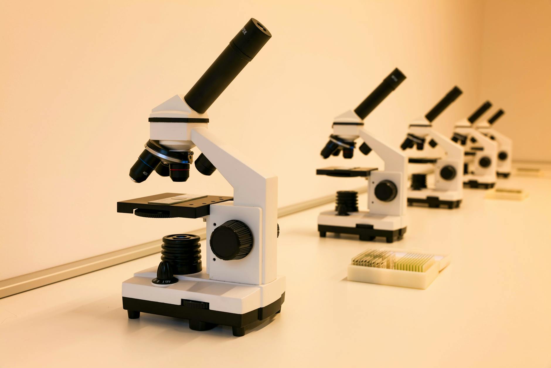 A series of microscopes on a lab table, ideal for scientific research and education.